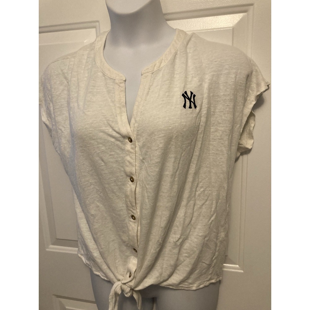 New York Yankees Sz Large Tommy‎ Bahama Ivory Shirt Women’s Tie Button Up Linen? - Picture 2 of 5